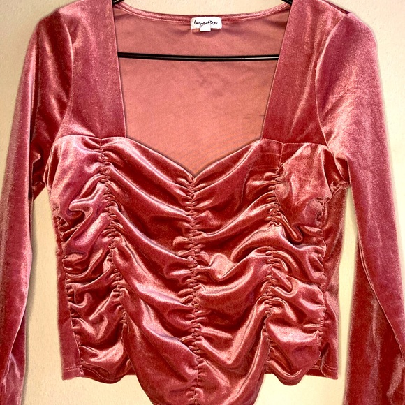 Love, Fire Velvet Pink Ruched Long Sleeve Top - Picture 2 of 5